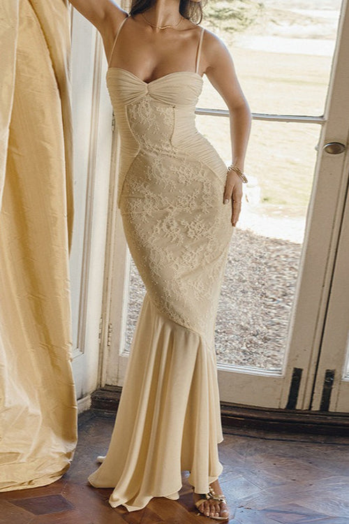 Lace Ruffle Slip Maxi Formal Dress S / Beige