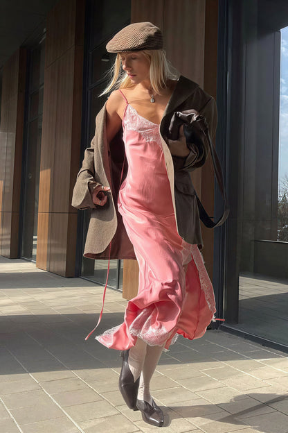 Lace Spaghetti Strap Silk-Like Slit Maxi Dress