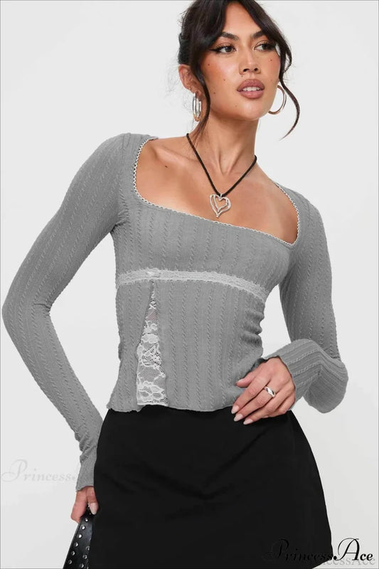Lace Trim Fitted Cropped Long-Sleeve Knit Top Grey / S