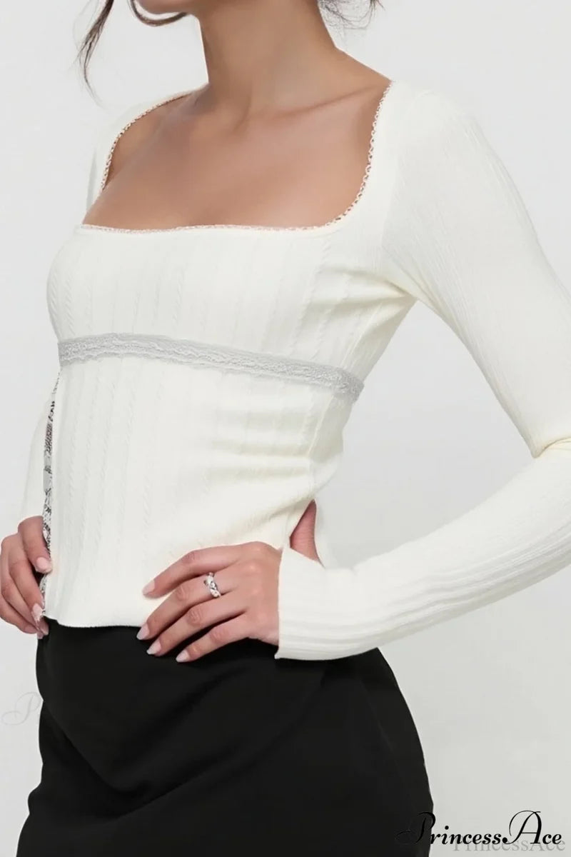 Lace Trim Fitted Cropped Long-Sleeve Knit Top White / S