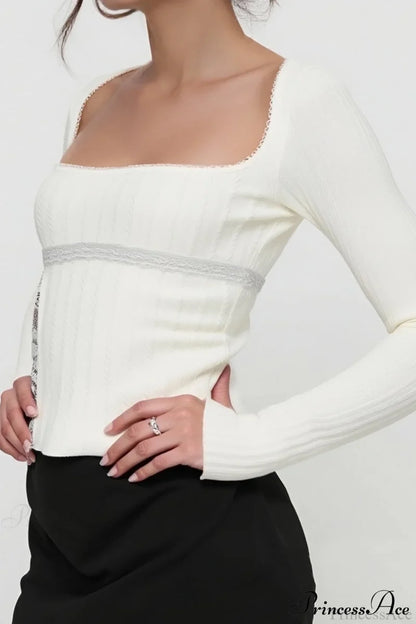 Lace Trim Fitted Cropped Long-Sleeve Knit Top White / S