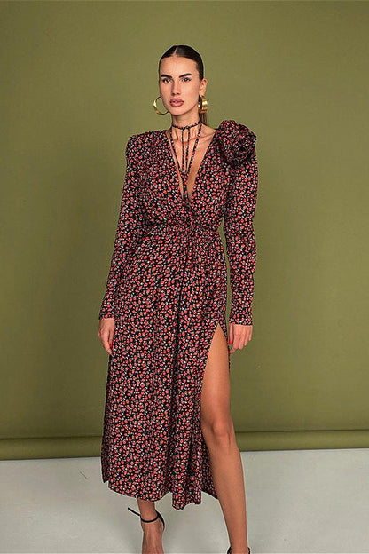 Lace Up Waist Deep V Neck Side Slit Floral Dress