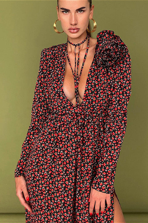 Lace Up Waist Deep V Neck Side Slit Floral Dress
