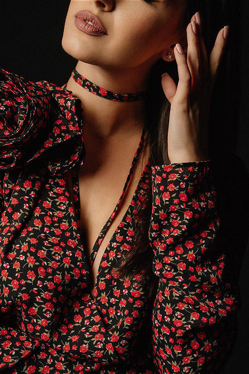 Lace Up Waist Deep V Neck Side Slit Floral Dress