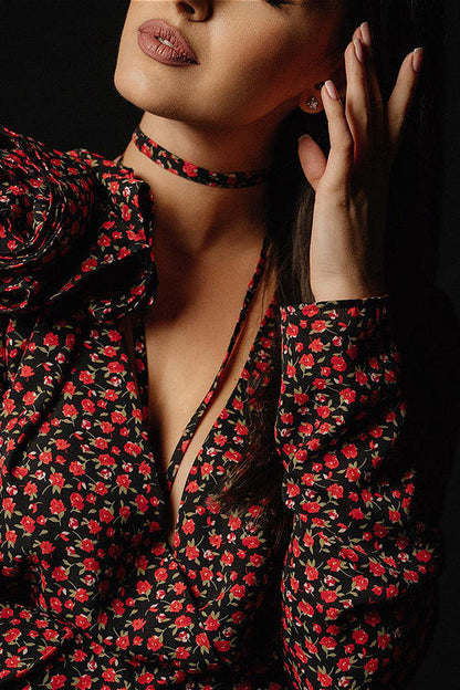 Lace Up Waist Deep V Neck Side Slit Floral Dress