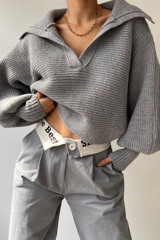 Lantern Sleeve Open Collar Knit Sweater Grey / S