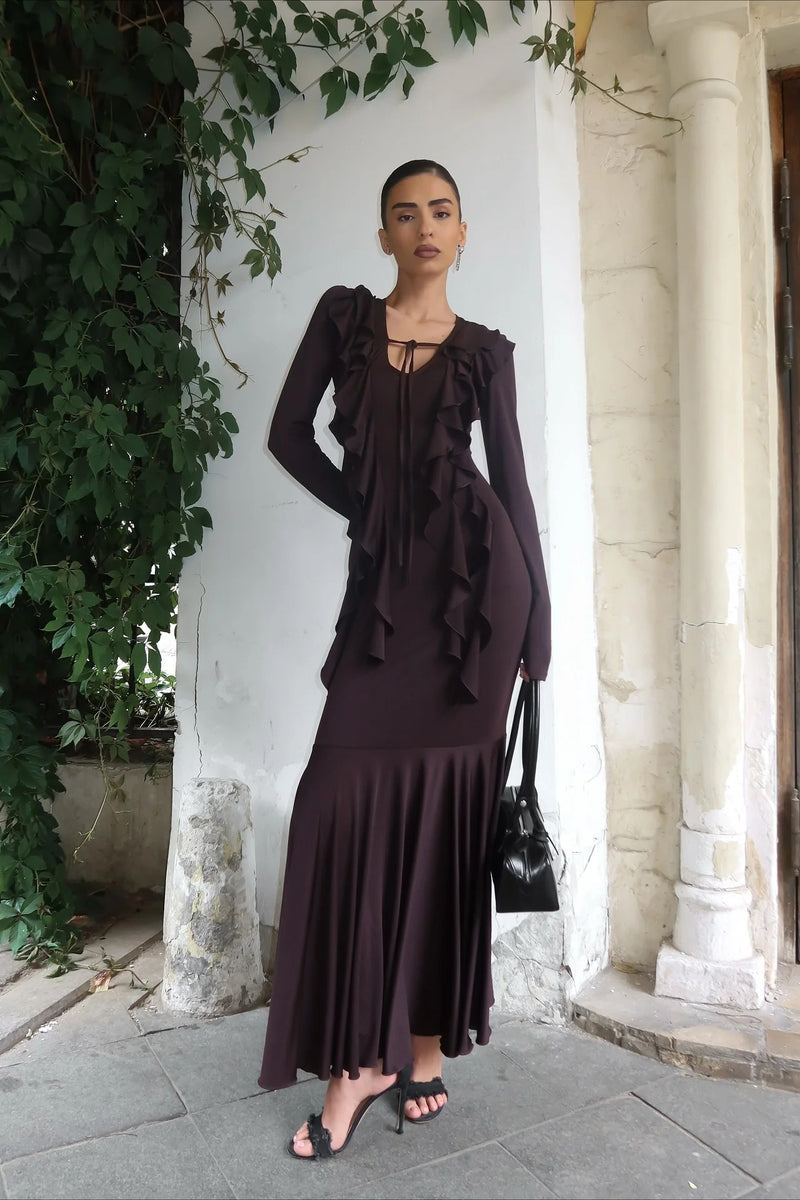 Layered Ruffled V-neck Maxi Boho Dress