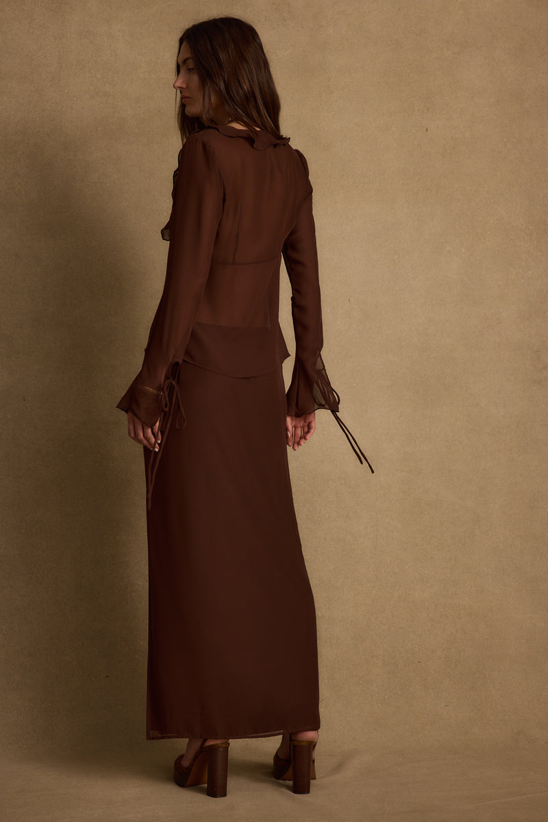 Close-up of the Layla Mocha Maxi Skirt showcasing the fabric texture and design details.