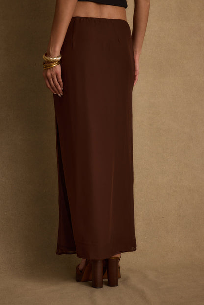 Detail shot of the Layla Mocha Maxi Skirt highlighting the design elements.
