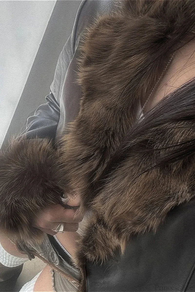 Leather Faux Fur Panel Collared Fitted Warm Coat