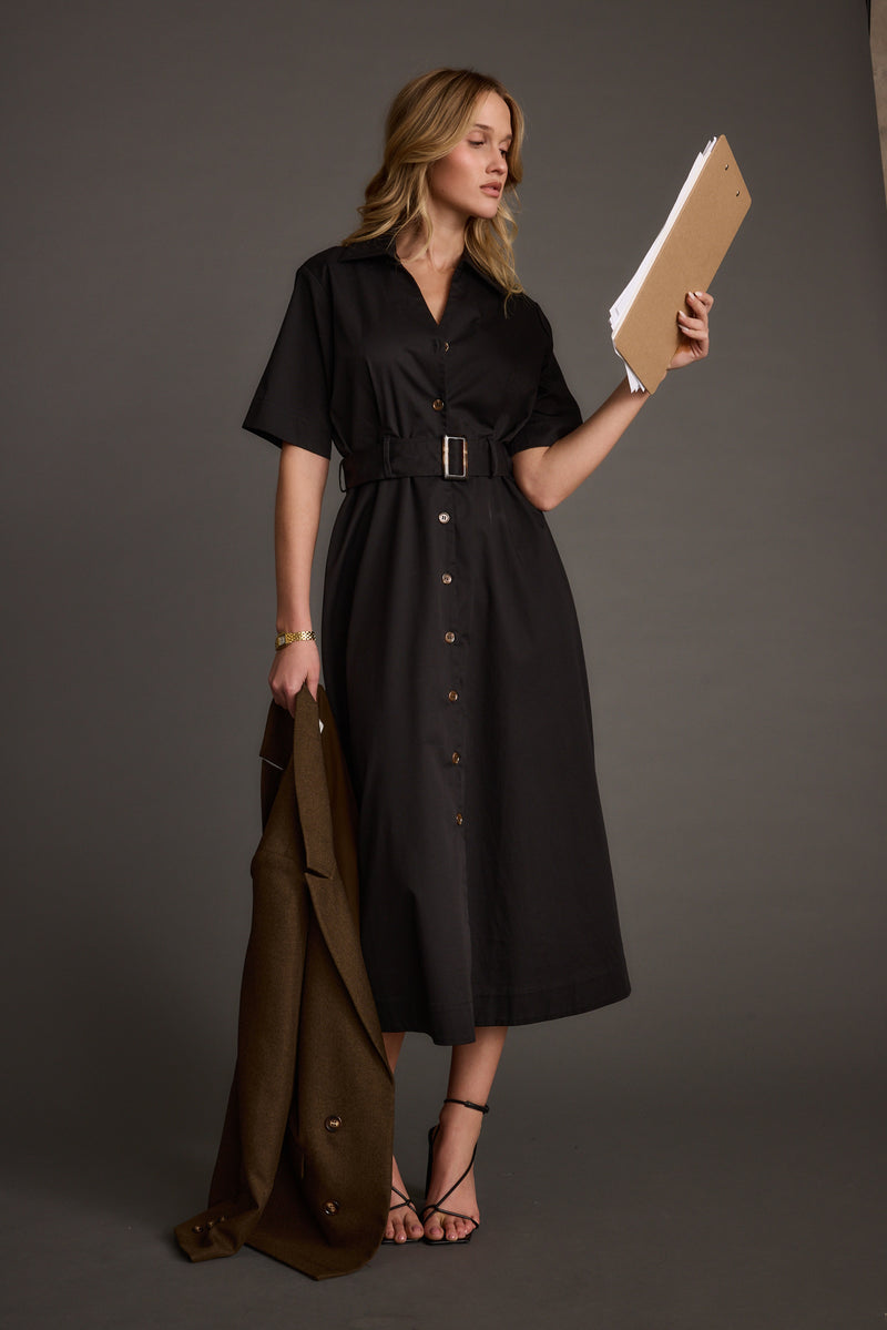 Close-up of the Leena Black Button Front Belted Midi Dress showcasing the fabric texture and design details.