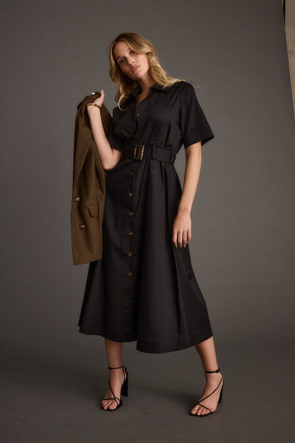 Leena Black Button Front Belted Midi Dress styled in a complete look from an alternate angle.