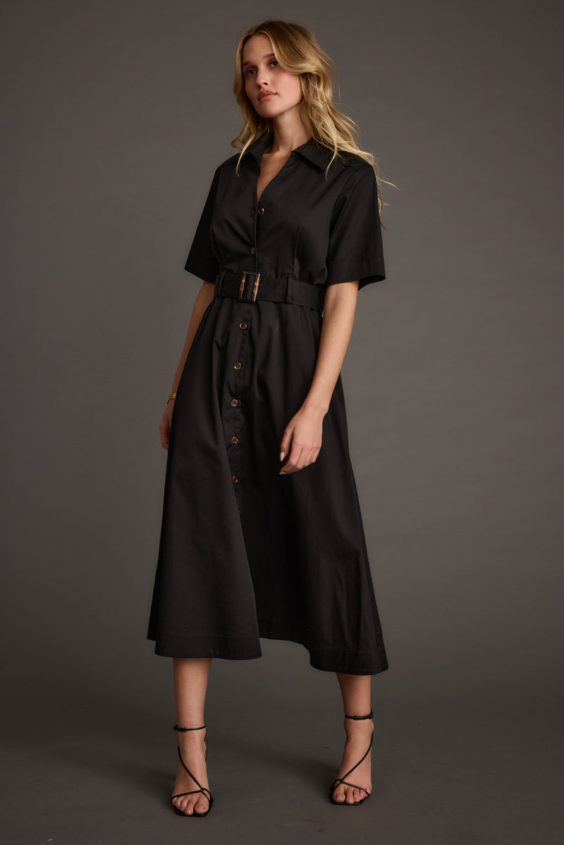Leena Black Button Front Belted Midi Dress paired with complementary accessories for a polished look.