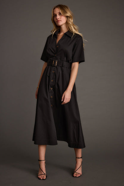 Leena Black Button Front Belted Midi Dress paired with complementary accessories for a polished look.
