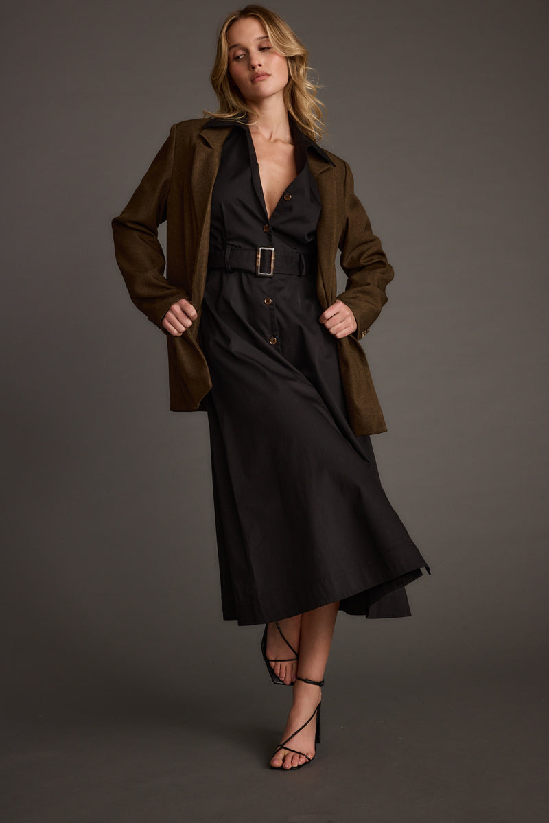 Detail shot of the Leena Black Button Front Belted Midi Dress highlighting the design elements.