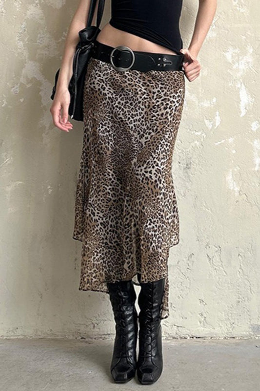 Leopard Print Double-Layer Tulle Asymmetrical Skirt