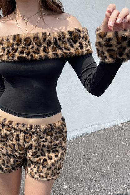 Leopard Print Fleece Off-the-shoulder Two Piece Set