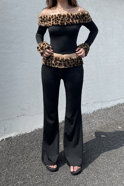 Leopard Print Fleece Off-the-shoulder Two Piece Set