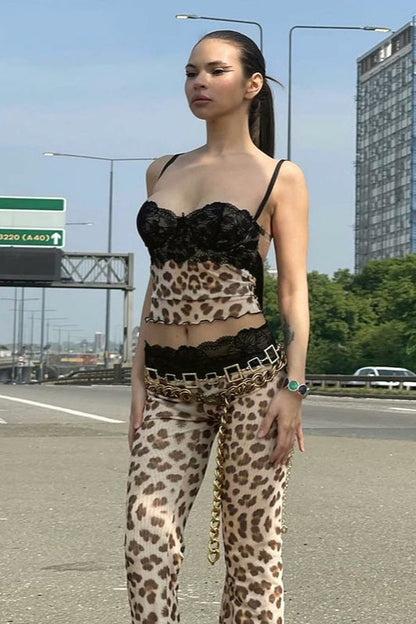 Leopard Print Lace Cami Crop Low Waist Pants Two Piece Set