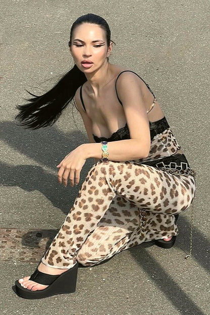 Leopard Print Lace Cami Crop Low Waist Pants Two Piece Set