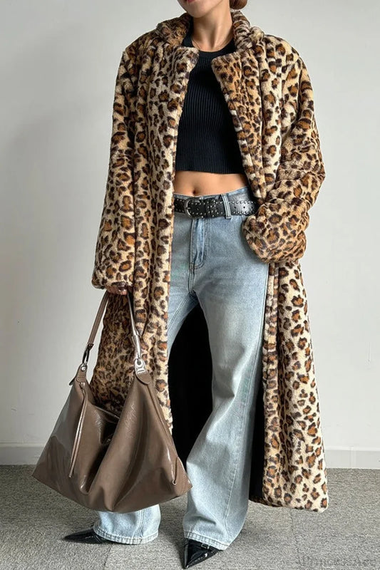 Leopard Print Notched Collar Longline Faux Fur Overcoat Leopard print / S