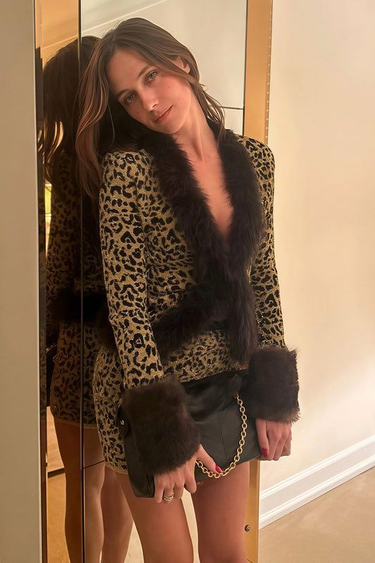 Leopard Print Shiny Fur Collar Patchwork Two Piece Set