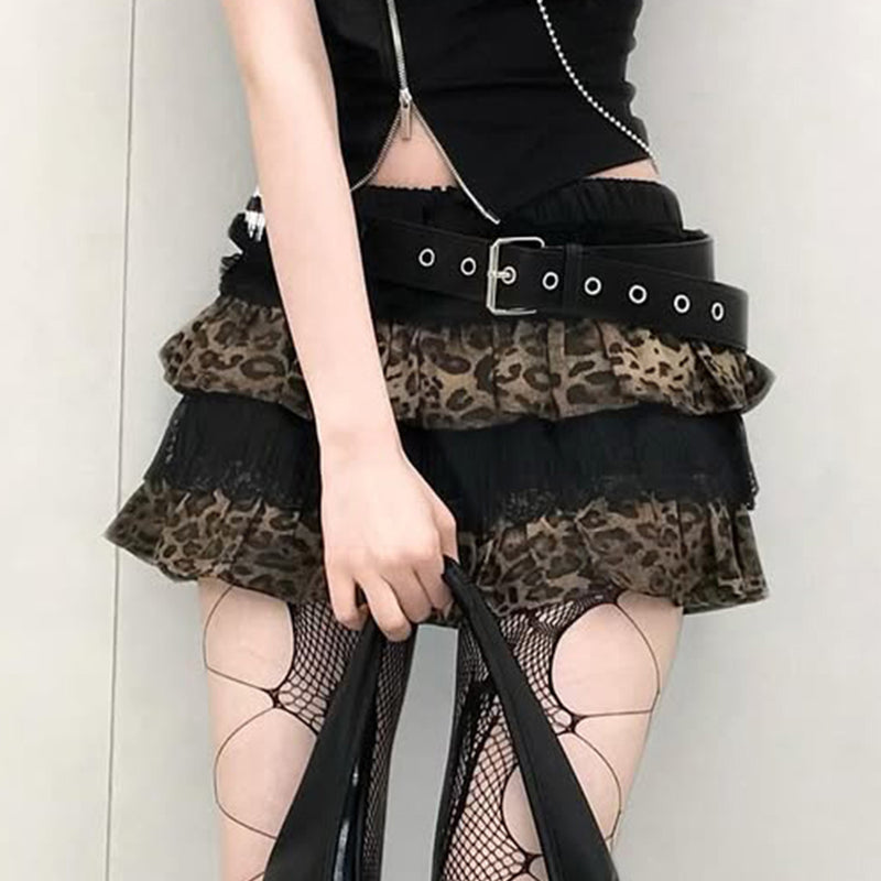 Leopard Print Tiered Lace Bow Mini Skirt