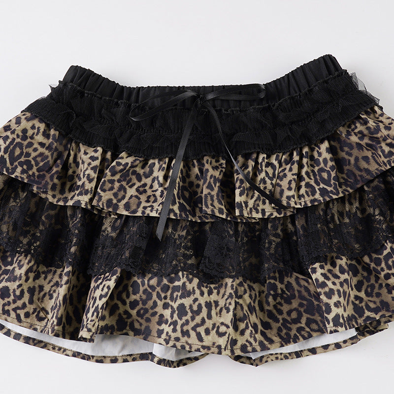 Leopard Print Tiered Lace Bow Mini Skirt