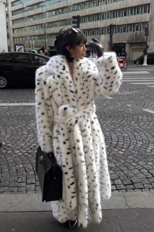 leopard print Warm Faux Fox Fur Notched Collar Loose Overcoat Leopard print / S
