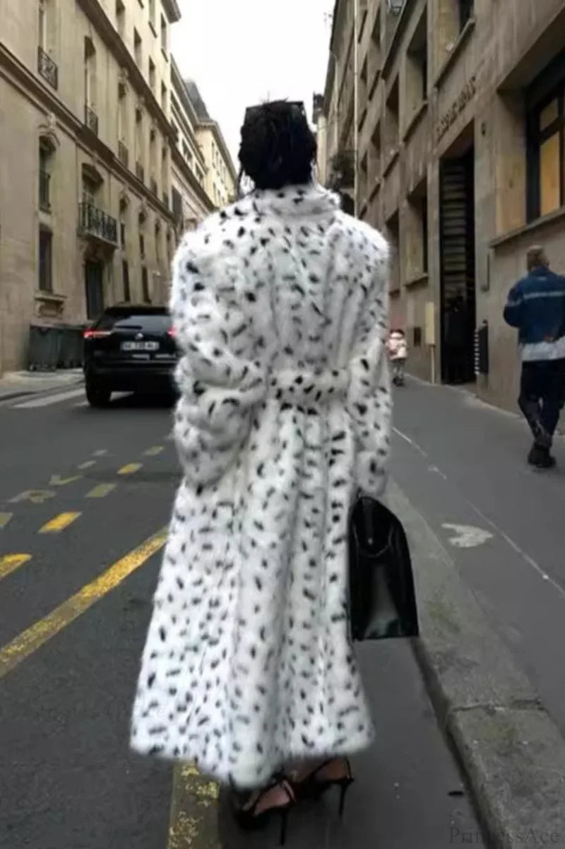 leopard print Warm Faux Fox Fur Notched Collar Loose Overcoat