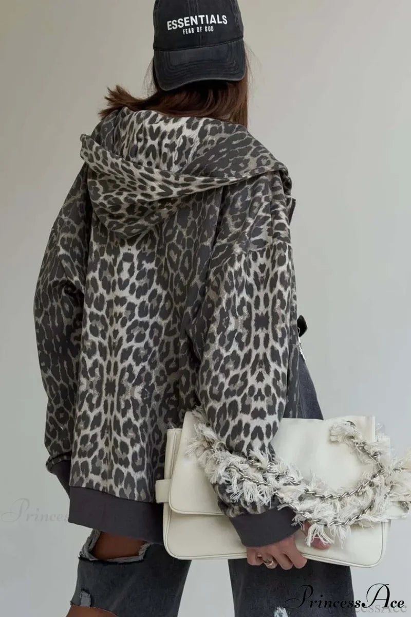 Leopard Print Zip Color-Block Hoodie