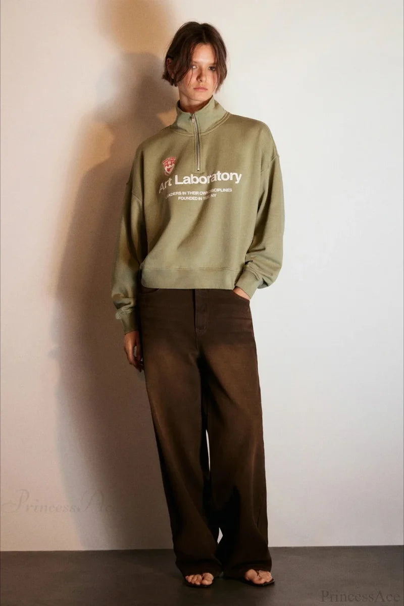 Letter Print Half Zip Stand Collar Loose Sweatshirts