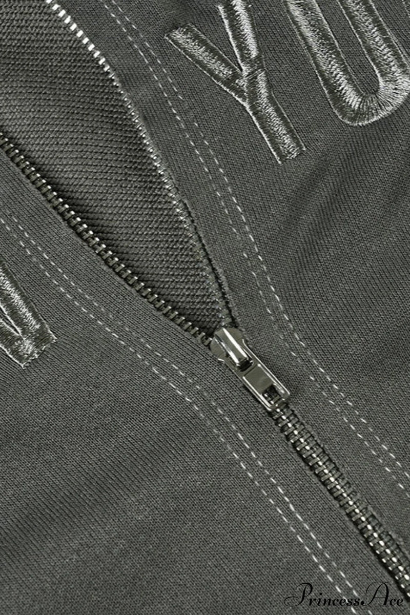 Letter Print Slim Paneled Stand Collar Hoodie