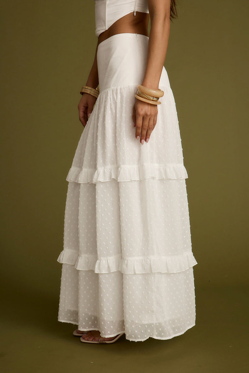 Liana White Low Rise Maxi Skirt paired with complementary accessories for a polished look.