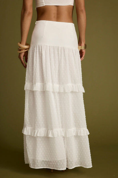 Detail shot of the Liana White Low Rise Maxi Skirt highlighting the low-rise elements.