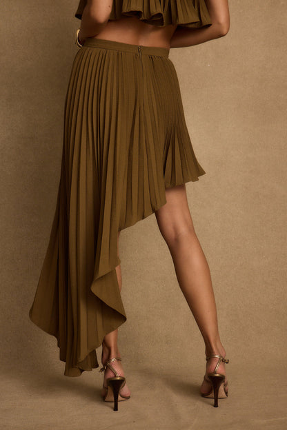 Lima Olive Asymmetrical Midi Skirt styled in a complete look from an alternate angle.