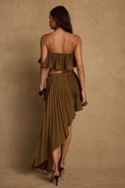 Full-length view of the olive crop top showing the drape and movement.