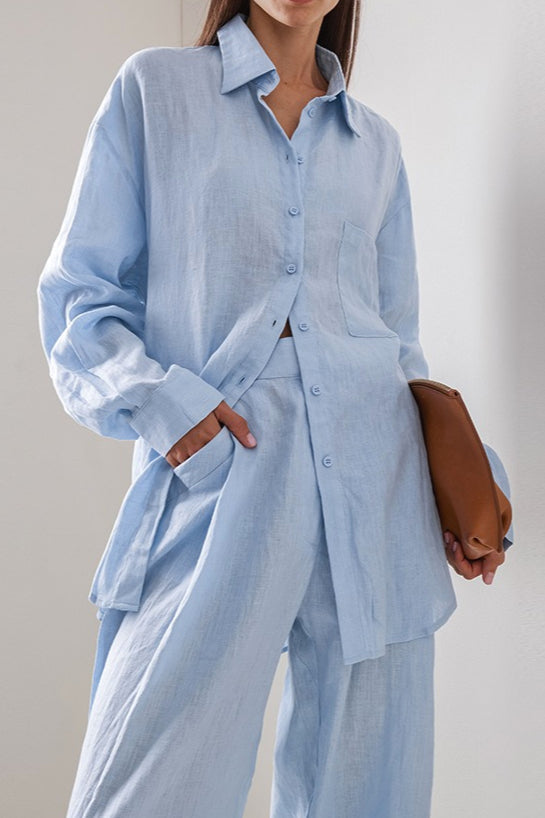 Linen Loose Long Sleeve Pants Two Piece Set