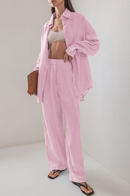 Linen Loose Long Sleeve Pants Two Piece Set