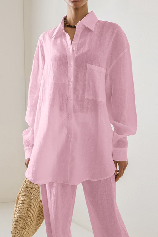 Linen Loose Long Sleeve Pants Two Piece Set