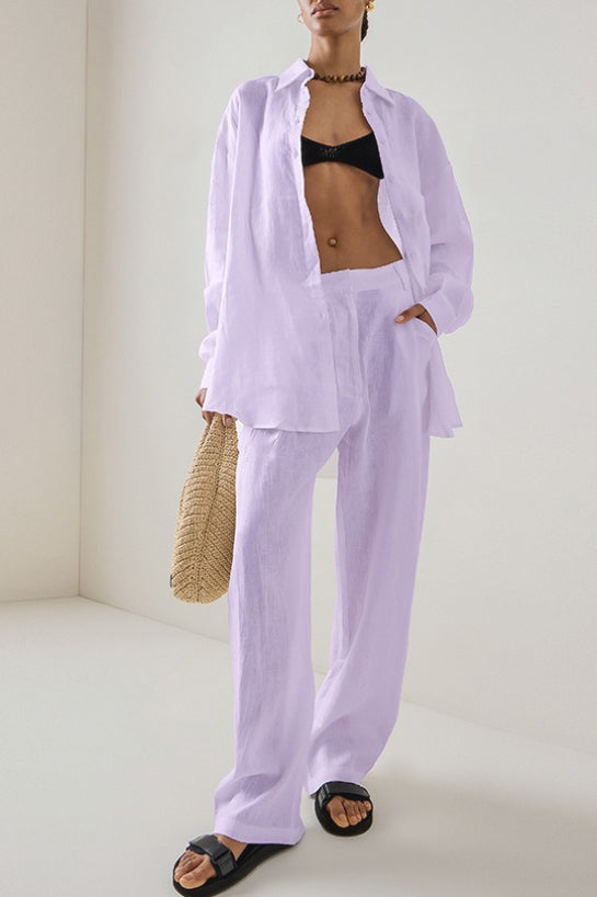 Linen Loose Long Sleeve Pants Two Piece Set