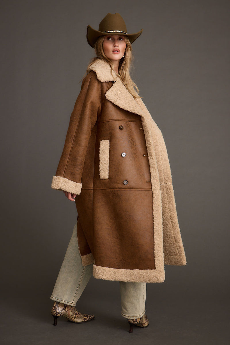 Close-up of the Livingston Brown Sherpa Coat showcasing the fabric texture and design details.