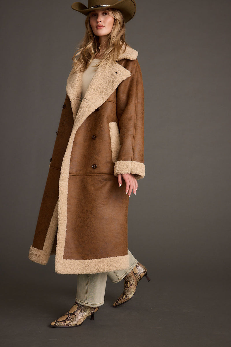 Livingston Brown Sherpa Coat styled in a complete look from an alternate angle.