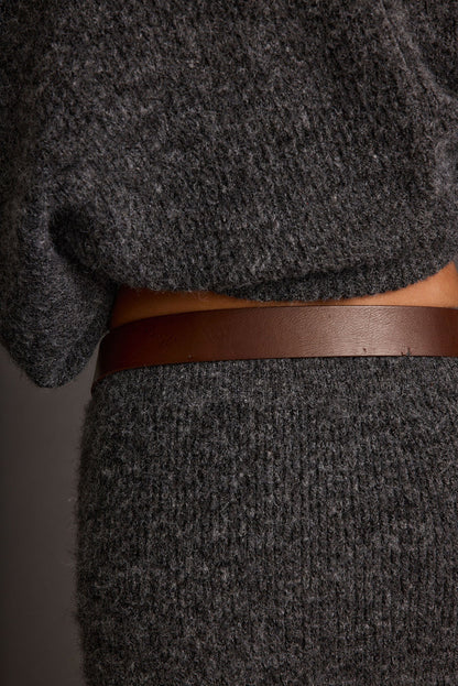 Lodge Brown and Silver Statement Belt styled in a complete look from an alternate angle.