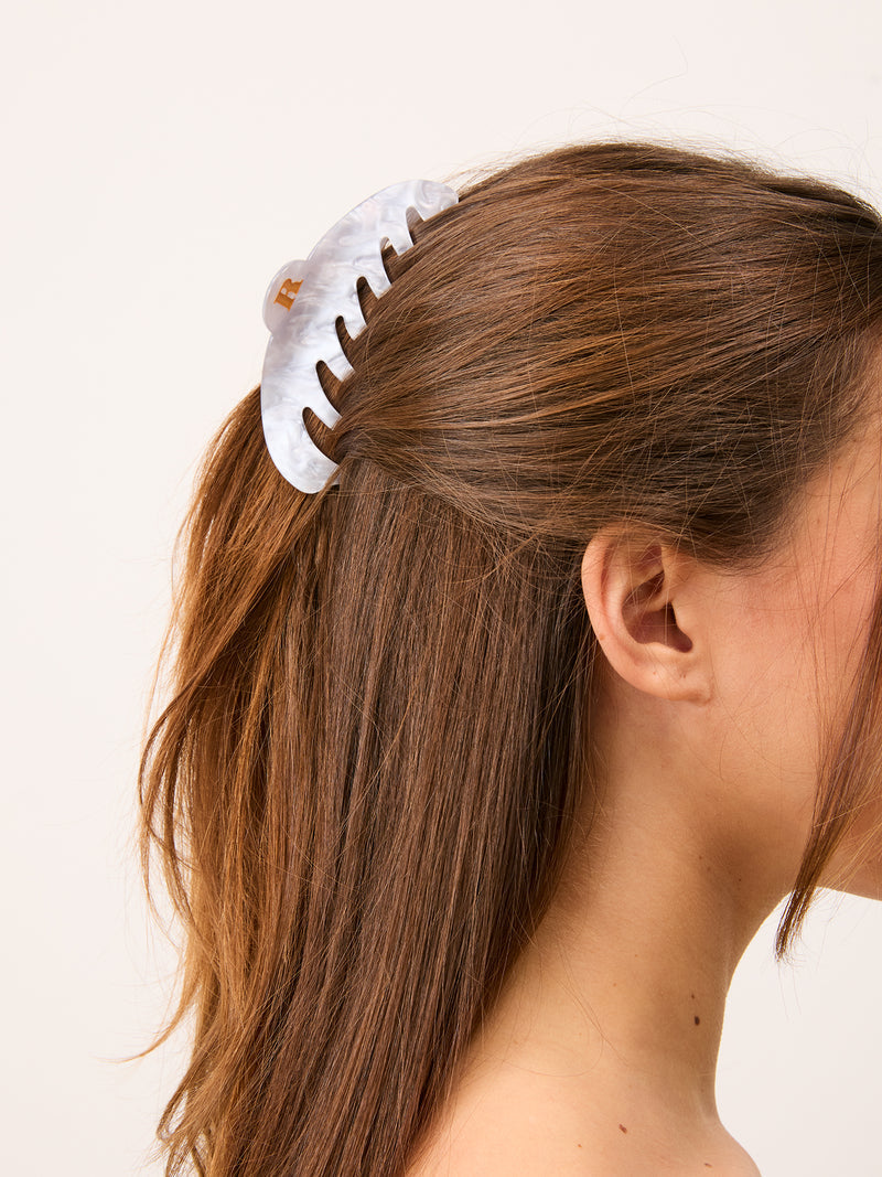 LOLITA blue mother-of-pearl hair clip worn in hair by Rouje