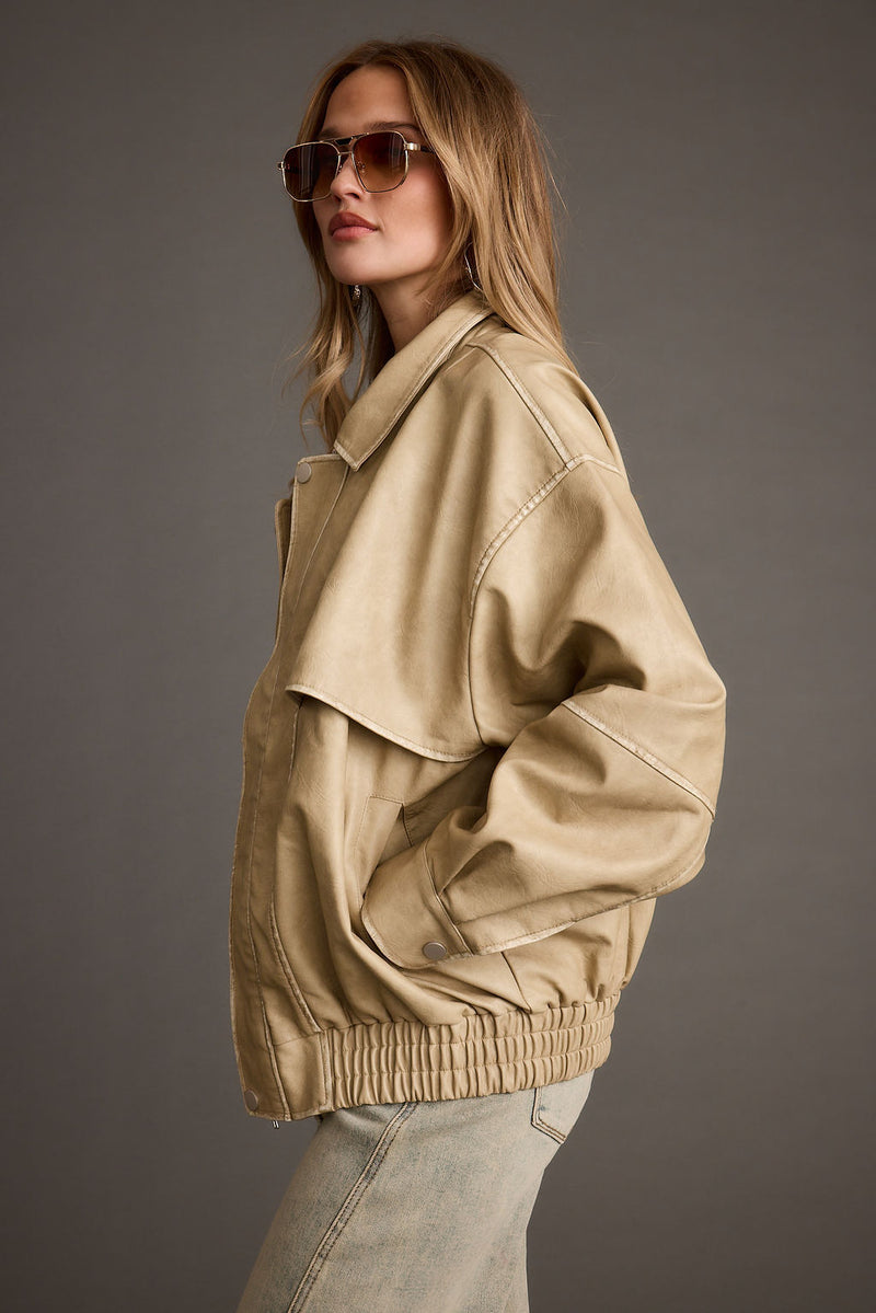 London Calling Light Taupe Oversized Faux Leather Jacket paired with complementary accessories for a polished look.