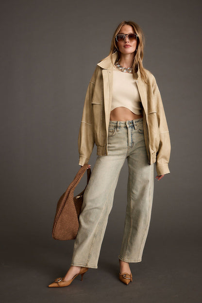 Detail shot of the London Calling Light Taupe Oversized Faux Leather Jacket highlighting the oversized elements.
