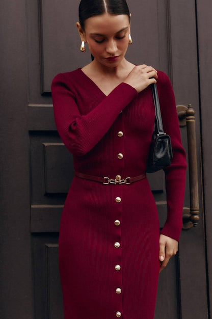 Long Sleeve Button Sweater Dress S / Red