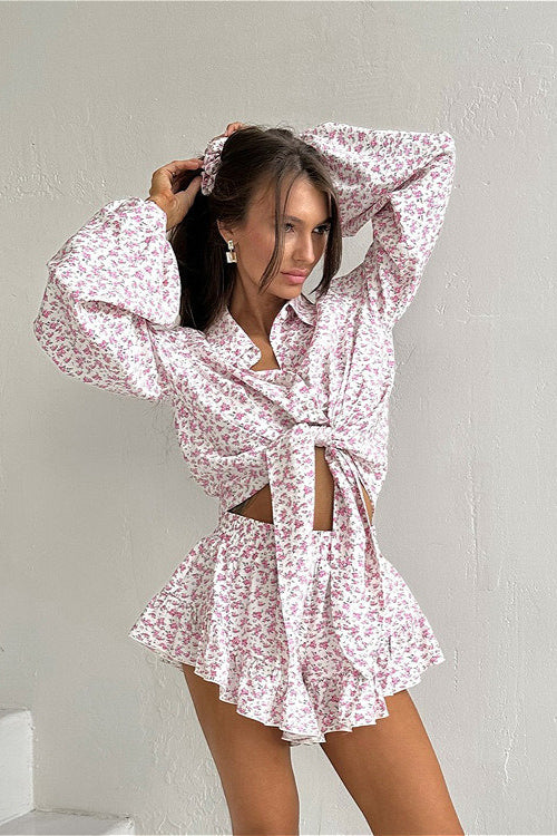 Long Sleeve Floral Collar Flip Shirt Ruffled Shorts Two Piece Set