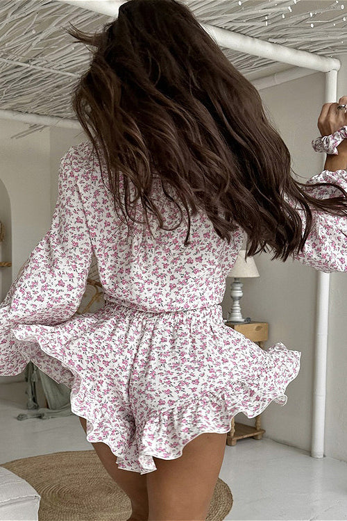 Long Sleeve Floral Collar Flip Shirt Ruffled Shorts Two Piece Set